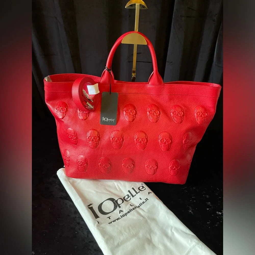 IO PELLE NWT Made In Italy RED Leather Skull Embossed Skull Tote - Picture 1 of 17